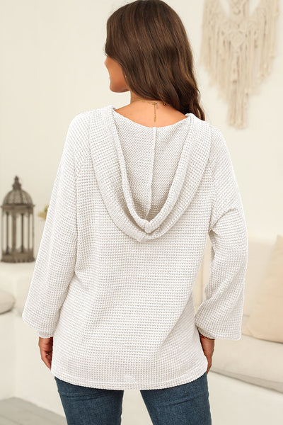 Cozy Women's White Thermal Waffle Knit Hoodie with Drawstring, Button V-Neck, and Relaxed Fit for Ultimate Comfort