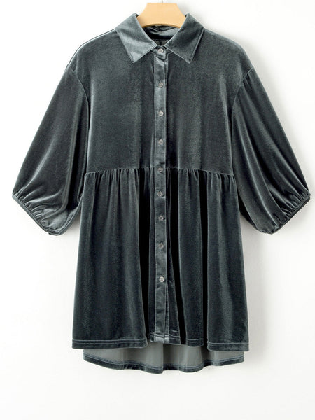 Velvety Dark Grey Babydoll Tunic with 3/4 Sleeves