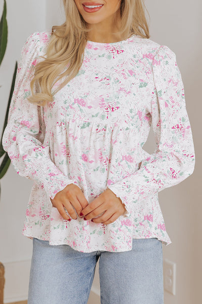 Women's Pink Floral Babydoll Blouse with Balloon Sleeves & Keyhole Back - Stylish, Comfortable Top for Everyday Wear