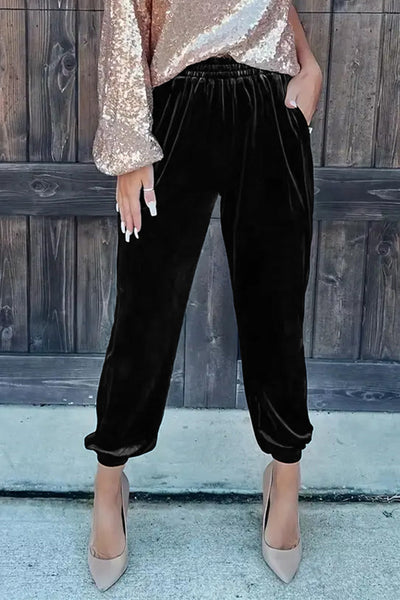 Women's Soft Black Velvet Jogger Pants - Stylish and Comfortable Lounge Wear for Casual Chic Outfits