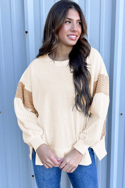 Cozy Women's Apricot Corduroy Patchwork Sweatshirt - Long Sleeve, Drop Shoulder, Perfect for Casual Everyday Style