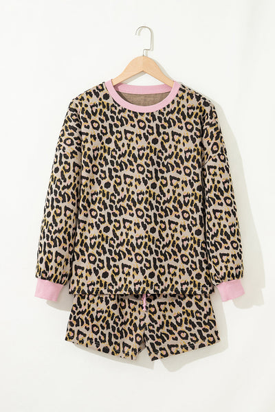 Trendy Women's Pink Leopard Print Lounge Set with Long Sleeve Pullover & Shorts - Stylish Casual Comfort Outfit