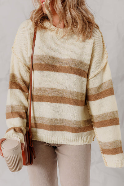 Women's Casual Khaki Stripe Knit Sweater with Exposed Seams, Drop Shoulder, and Relaxed Fit for Effortless Style