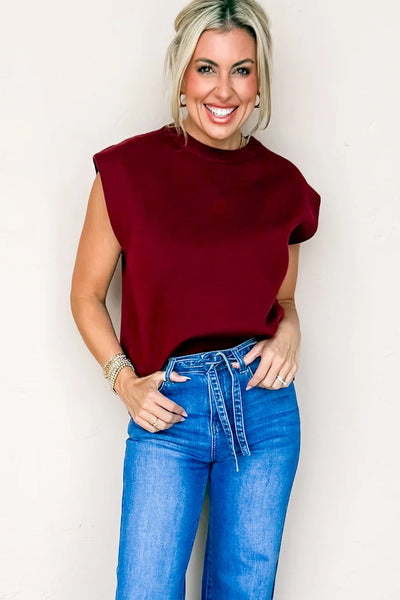 Stylish Women's Racing Red Crew Neck Knit Sweater with Cap Sleeves - Perfectly Comfortable for Everyday Fashion