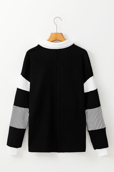 Trendy Women's Black Striped Colorblock Sweatshirt with Collar Stylish & Comfortable Casual Wear for Everyday Outfits