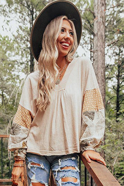 Tropical Palm Print Puff Sleeve V-Neck Blouse for Women Loose-Fit, Stylish Patchwork in Jet Stream Colors