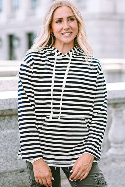 Classic Striped Kangaroo Pocket Hoodie with Drawstring