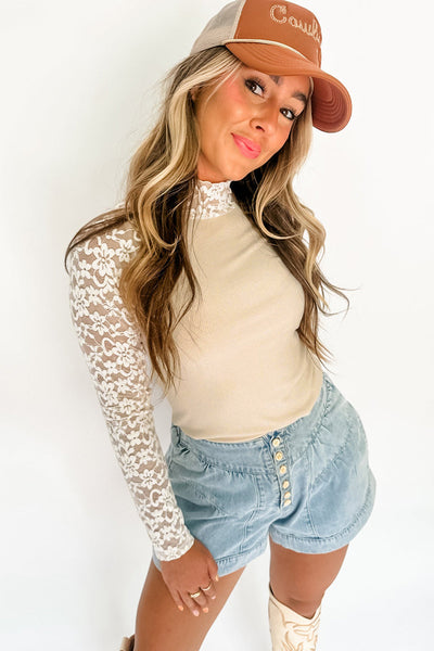 Elegant Women's Beige Floral Lace Long Sleeve High Neck Top - Slim Fit Design for Chic, Stylish Outfits