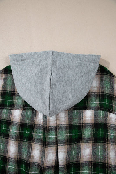 Women's Stylish Green Plaid Hooded Shacket with Chest Pocket - Perfect Casual Layer for Fall and Winter Fashion