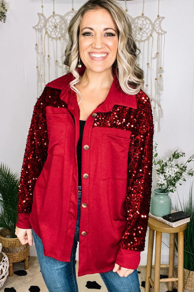 Trendy Women's Racing Red Sequin Patchwork Shacket with Double Chest Pockets Stylish Layering Essential