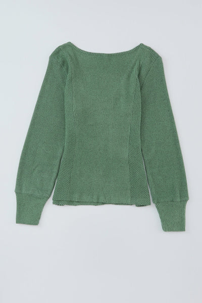 Green Ribbed U Neck Textured Top with Long Sleeves