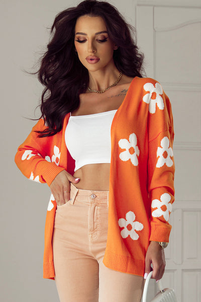 Women's Cozy Orange Floral Knit Cardigan - Relaxed Fit Open Front Layer for Chic Spring Style