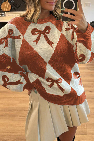 Cozy Women's Orange Bow Print Two-Tone Knit Sweater - Relaxed Fit for Effortless Everyday Style