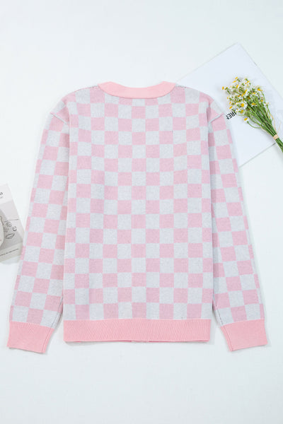 Cozy Women's Pink Checkered V-Neck Cardigan Sweater for Festive Holiday Outfits and Christmas Cheer
