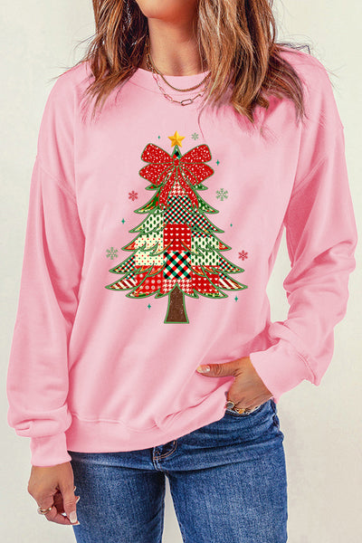 Women's Pink Patchwork Christmas Tree Drop Shoulder Sweatshirt