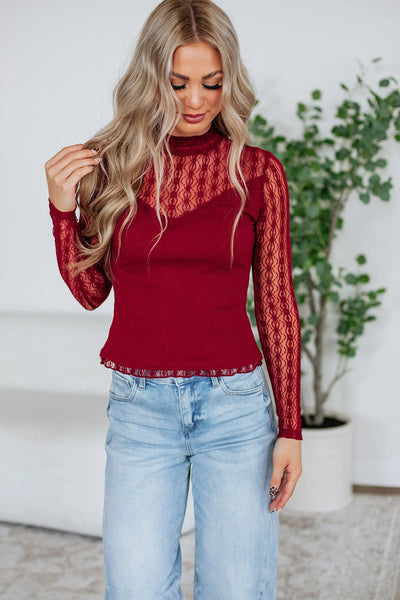 Stylish Women's Red Sheer Long Sleeve Top with Textured Knit and Lace Details - Perfect for Versatile Occasions