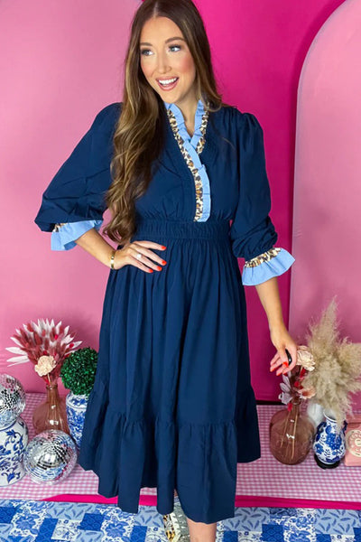 Elegant Women's Navy Blue Flowy Midi Dress with Ruffled 3/4 Sleeves and Stylish Contrast Frill for Casual Chic Look