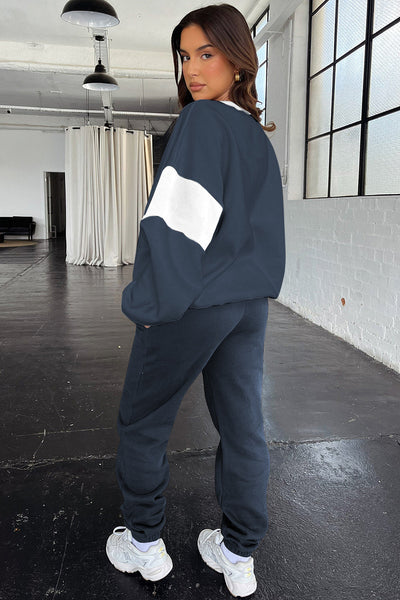 Navy Blue Women's Cozy Drop Shoulder Sweatshirt & Joggers Set for Effortless Style and Everyday Comfort