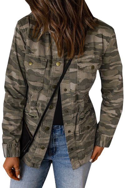 Women's Green Camouflage Print Utility Jacket with Button Closure and Multiple Pockets
