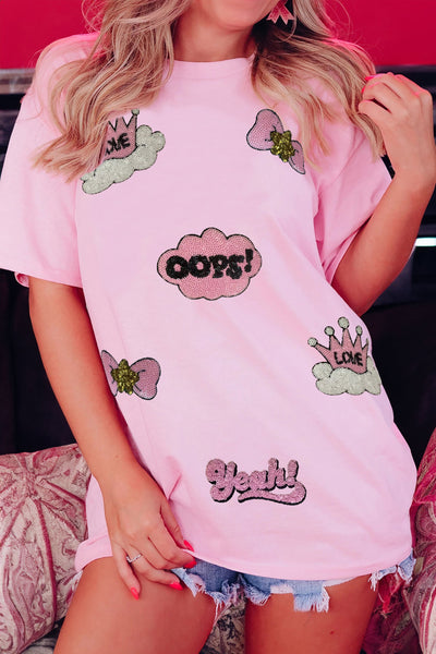 Women's Pink Sequin Patchwork Relaxed Graphic Tee