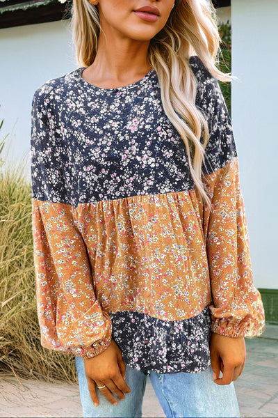 Women's Stylish Blue Floral Color Block Blouse with Ruffled Hem - Comfortable Round Neck Top for Every Occasion