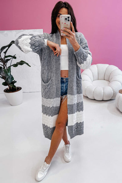 Cozy Women's Gray Color Block Long Cardigan with Side Pockets - Stylish Open Front for Effortless Casual Wear