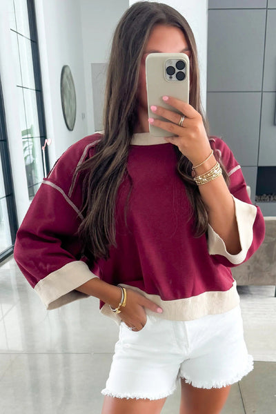 Trendy Women's Red Color Block 3/4 Sleeve Oversized Sweatshirt with Exposed Seams and Unique Patchwork Design