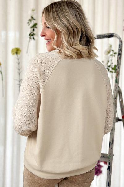 Chic Women's Parchment Eyelet Knit Patchwork Pullover Top with Raglan Sleeves - Cozy Layering Essential