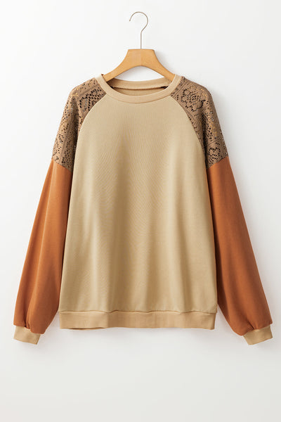 Trendy Women's Khaki Colorblock Sweatshirt with Lace Patchwork Drop Shoulder Style for Ultimate Comfort and Fashion