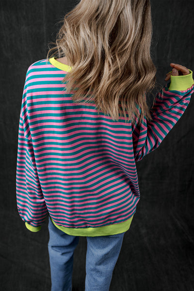 Women's Cozy Green Stripe Oversized Sweatshirt with Contrast Trim - Effortless Casual Pullover for Chic Comfort