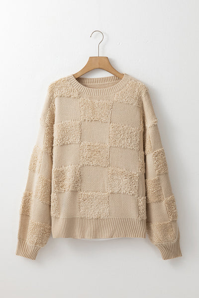 Cozy Women's Parchment Checkered Sherpa Sweater - Loose Fit Crew Neck for Stylish Fall and Winter Layering
