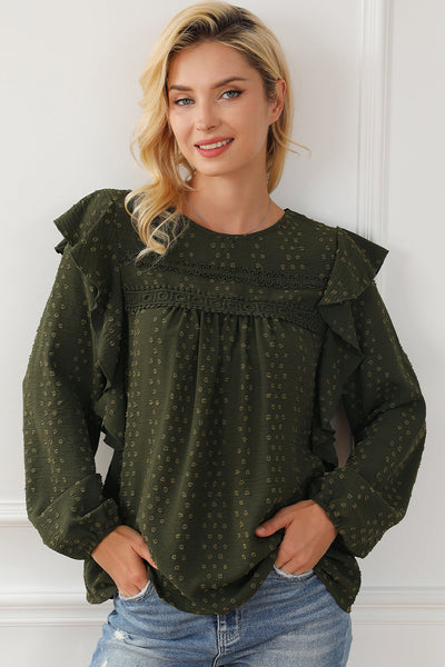 Elegant Women's Blackish Green Lace Blouse with Ruffle Sleeves - Chic Long Sleeve Top for Stylish Casual Outfits