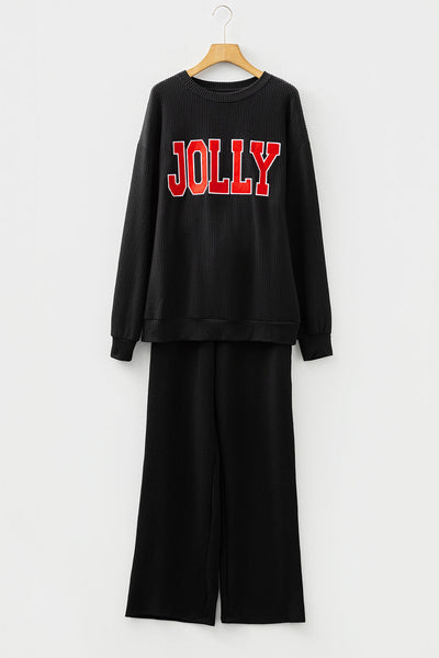 Women's Black JOLLY Long Sleeve Top with Pocketed Pants Set - Chic & Comfy Casual Outfit for Effortless Style