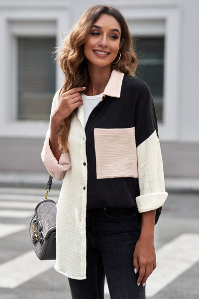 Casual Solid Linen Long Sleeve Lapel Blouse