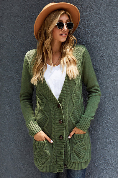 Cozy Women's Green Cardigan with Button Closure and Pockets  Stylish Layering Essential for Every Occasion