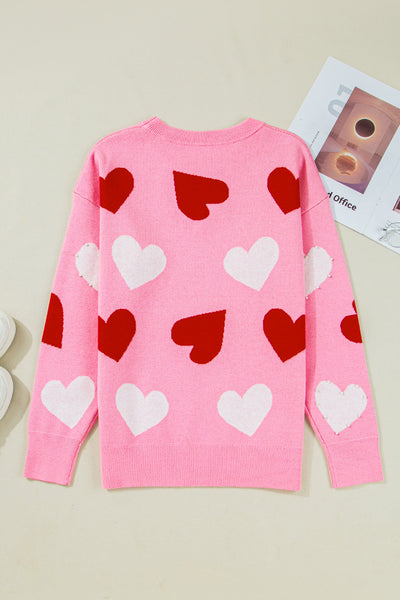 Cozy Women's Pink Heart Sweater with Pearl Embellishments - Cute Valentine's Day Gift in Comfortable Fit
