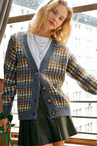 Cozy Women's Gray Dotty Knit Cardigan Sweater with Button Front & V-Neck - Stylish Layering Essential for Every Season