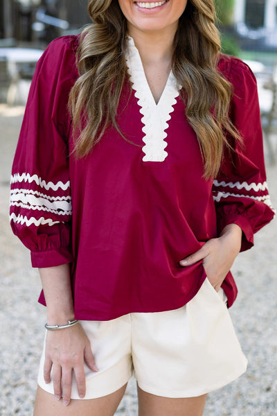 Elegant Women's Red Puff Sleeve Blouse with V-Neck and Ricrac Trim Chic Contrast Top for Effortless Style