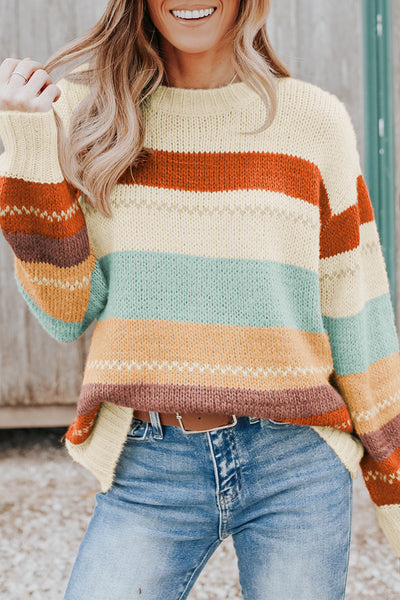 Cozy Women's Striped Color Block Sweater with Crew Neck & Drop-Shoulder Design Trendy Layering Essential in Soft Knit
