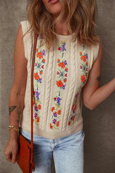 Cozy Women's Floral Embroidered Cable Knit Sweater Vest in Jet Stream - Ideal for Layering and Fall Styles