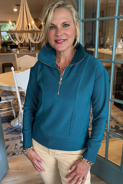 Stylish Women's Prussian Blue Ribbed Zip-Up Polo Sweatshirt - Cozy Fit for Casual Everyday Style