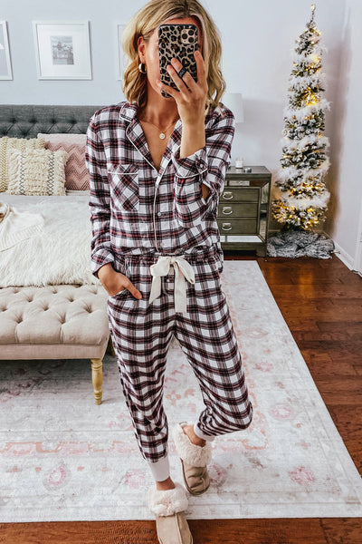 Women's Black Plaid Long Sleeve Christmas Shirt & Drawstring Pants Set - Stylish Holiday Outfit for Festive Occasions
