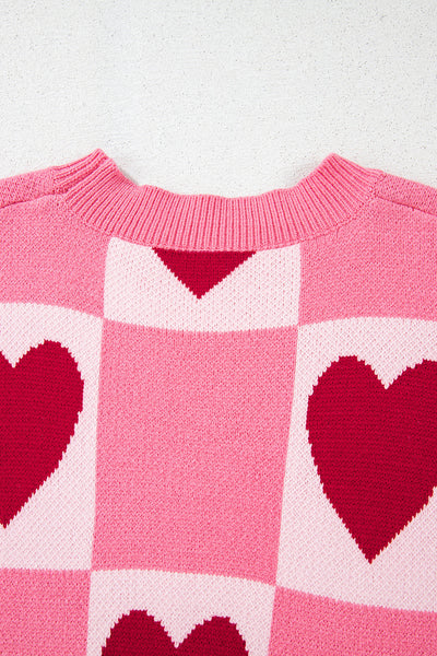 Cozy Women's Pink Heart Checkered Sweater - Cute Crew Neck for Valentine‚Äôs Day and Romantic Outings