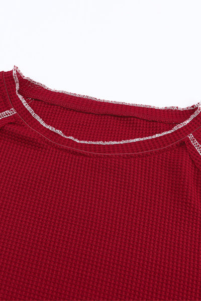 Women's Fiery Red Textured Long Sleeve Blouse - Casual Round Neck Top for Effortless Everyday Chic