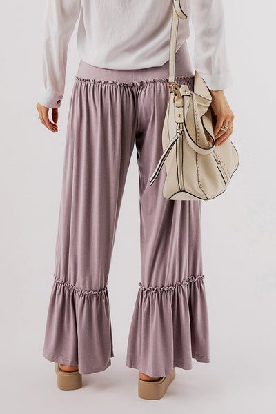 Women's Mauve Tiered Frill Wide-Leg Pants with Drawstring