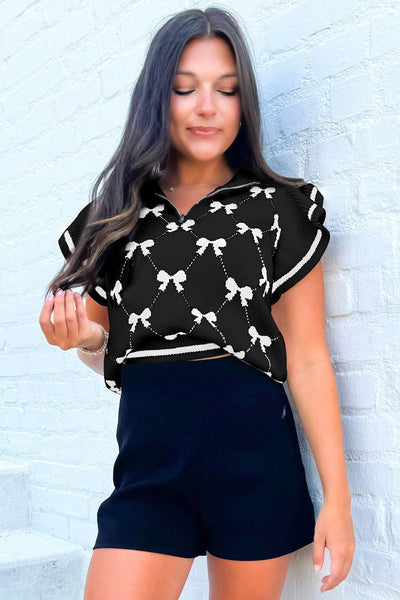 Women's Cozy Black Preppy Bow Print Zipped Collar Sweater Tee - Trendy Fit for Casual or Chic Looks