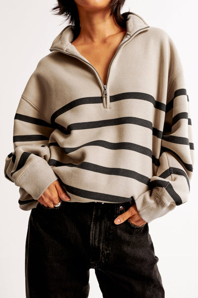 Women's Comfy Khaki Striped Zip Collar Sweatshirt - Casual Pullover for Everyday Style and Relaxed Comfort