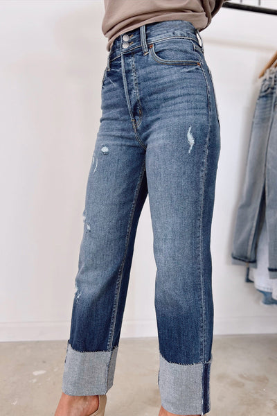 Trendy Women's Blue High-Waisted Distressed Straight Leg Jeans for Effortless Style and All-Day Comfort