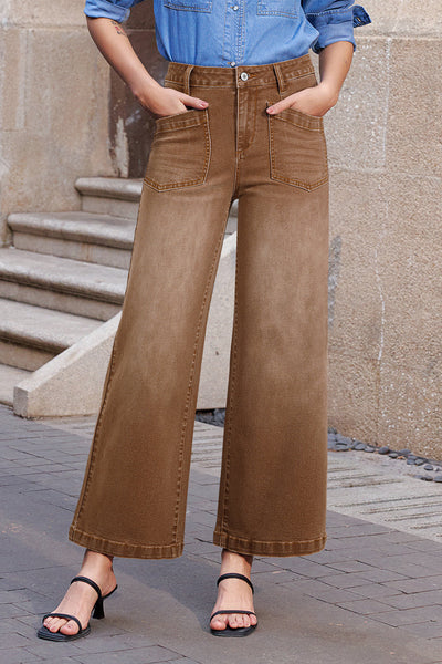 Stylish Brown Minimalist Women's Shift Jeans with Functional Patch Pockets for Effortless Comfort and Versatile Fashion