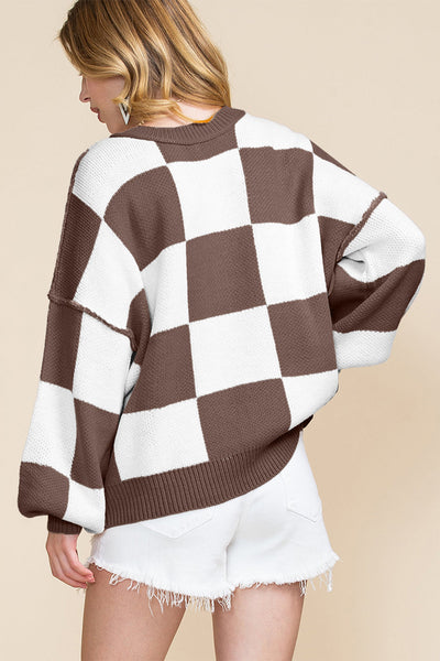 Chic Brown Checkered Sweater for Women - Cozy Knit Pullover with Relaxed Fit for Effortless Casual Style